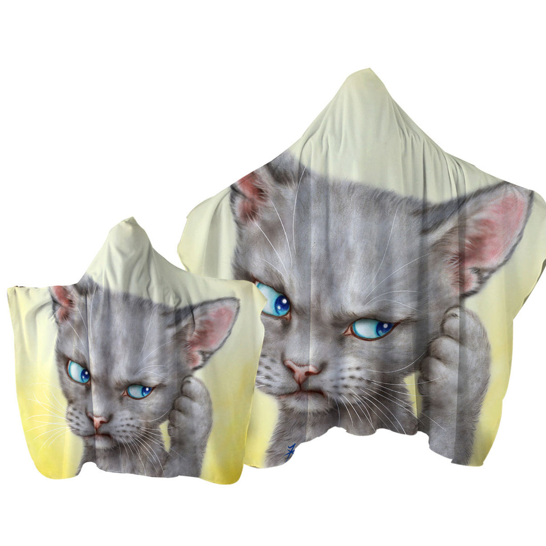 Blue Eyes Grey Kitty Cat Over Yellow Towel Hoodie