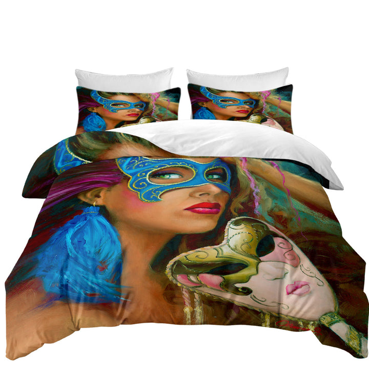 Blue Mask Beautiful Woman Drawing Bed Covers