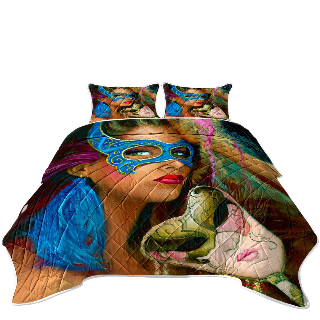 Blue Mask Beautiful Woman Drawing Quilts for Beds