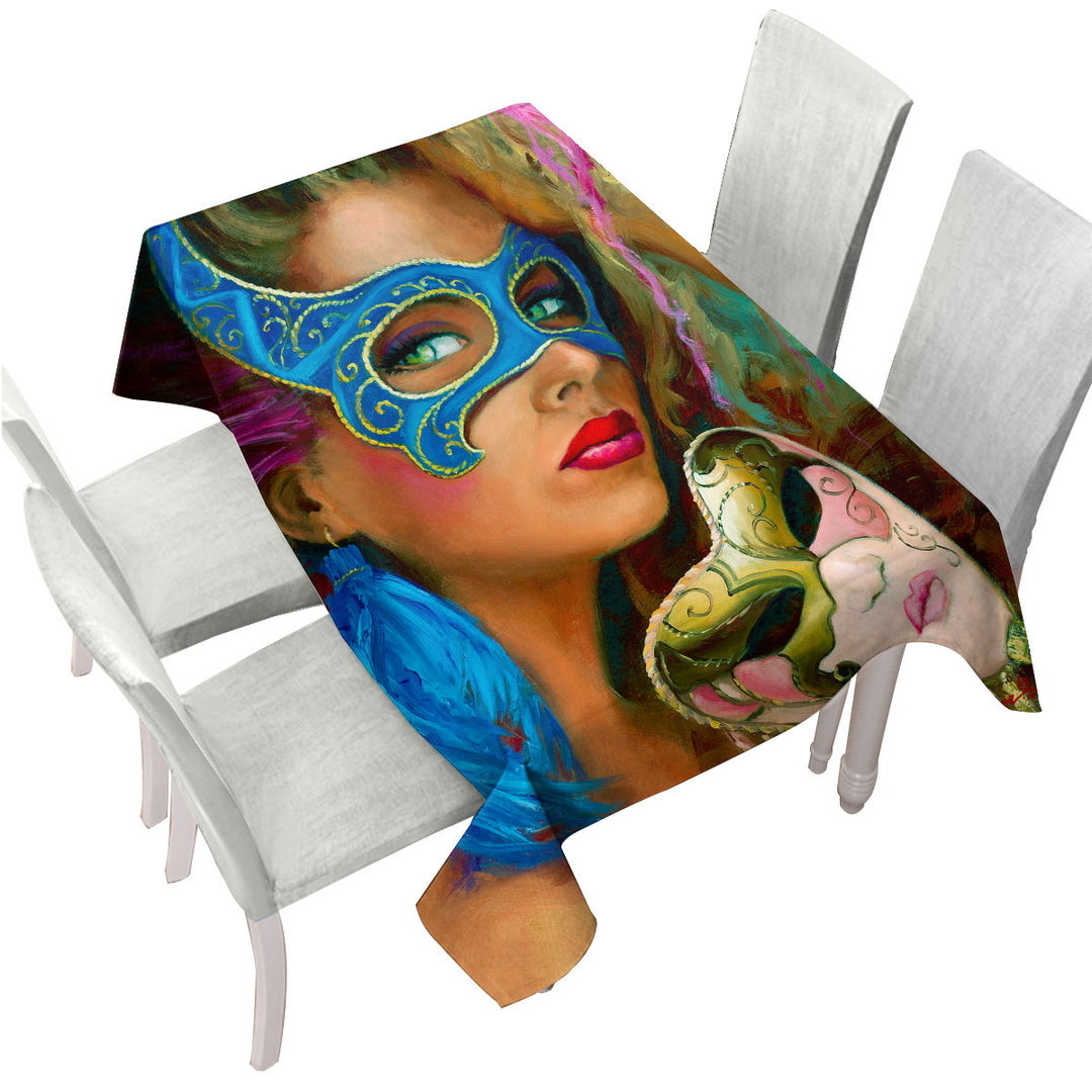 Blue Mask Beautiful Woman Drawing Tablecloth