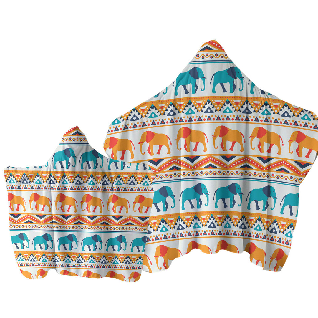 Blue Orange Elephants on African Design Hooded Beach Towel