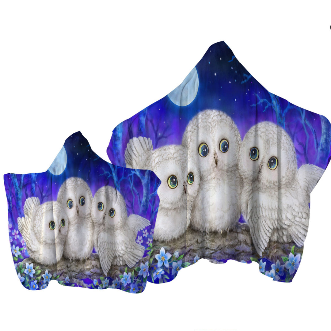 Blue Purple Moonlight Forest Owl Triplets Hooded Beach Towel