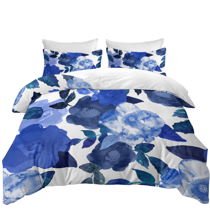 Blue Water Colored Flowers Quilt Cover