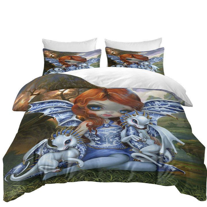 Blue Willow Dragonlings Redhead Dragon Fairy Coverlet