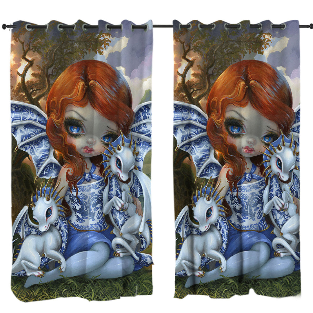 Blue Willow Dragonlings Redhead Dragon Fairy Custom Curtains