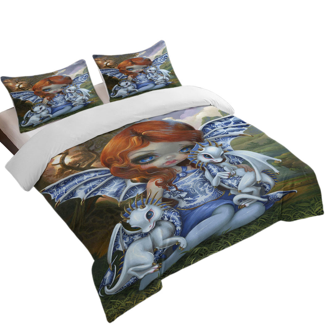 Blue Willow Dragonlings Redhead Dragon Fairy Good Duvet Covers