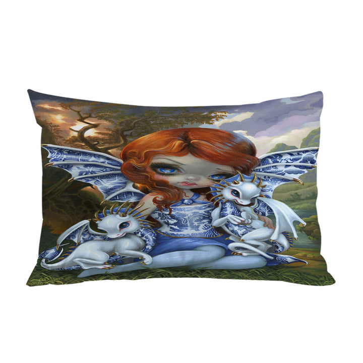 Blue Willow Dragonlings Redhead Dragon Fairy Pillow Case Covers