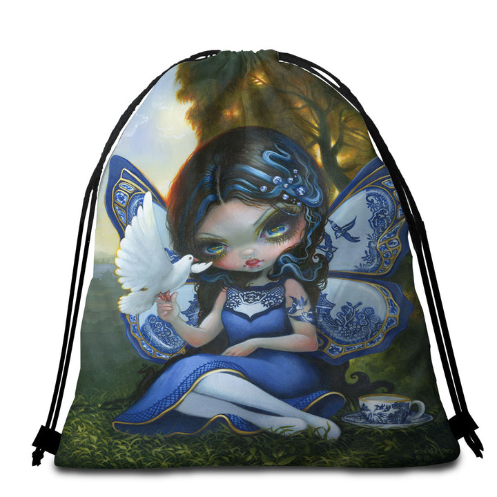 Blue Willow Fairy Porcelain Winged Fairy Beach Towel Bags