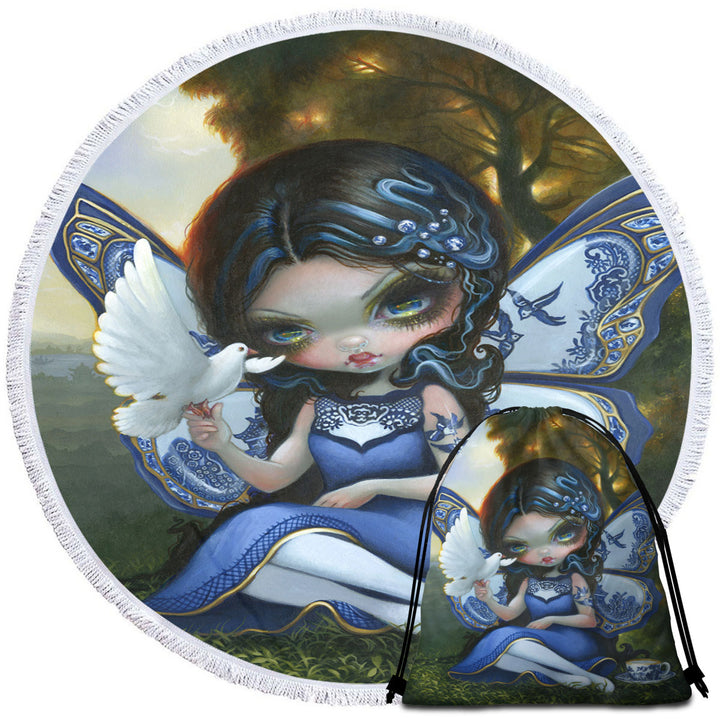 Blue Willow Fairy Porcelain Winged Fairy Circle Beach Towel