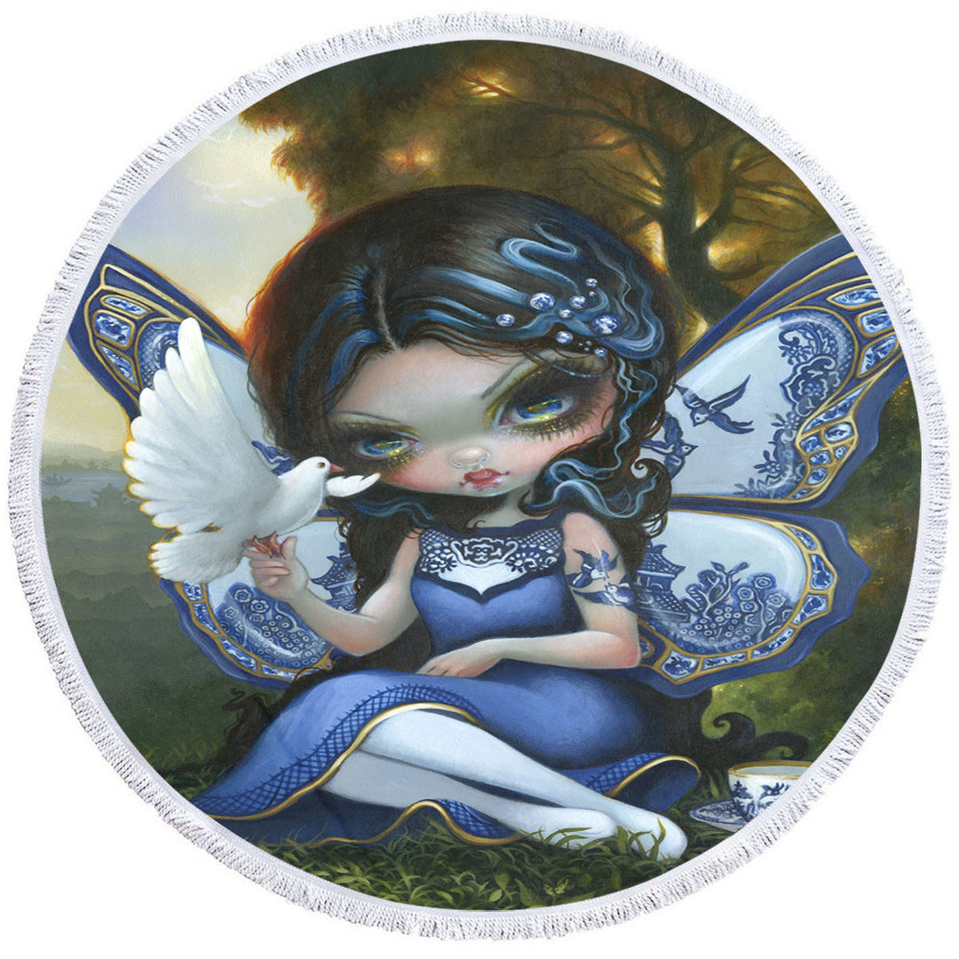 Blue Willow Fairy Porcelain Winged Fairy Round Beach Towel