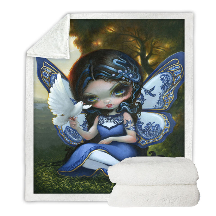 Blue Willow Fairy Porcelain Winged Fairy Sherpa Blanket