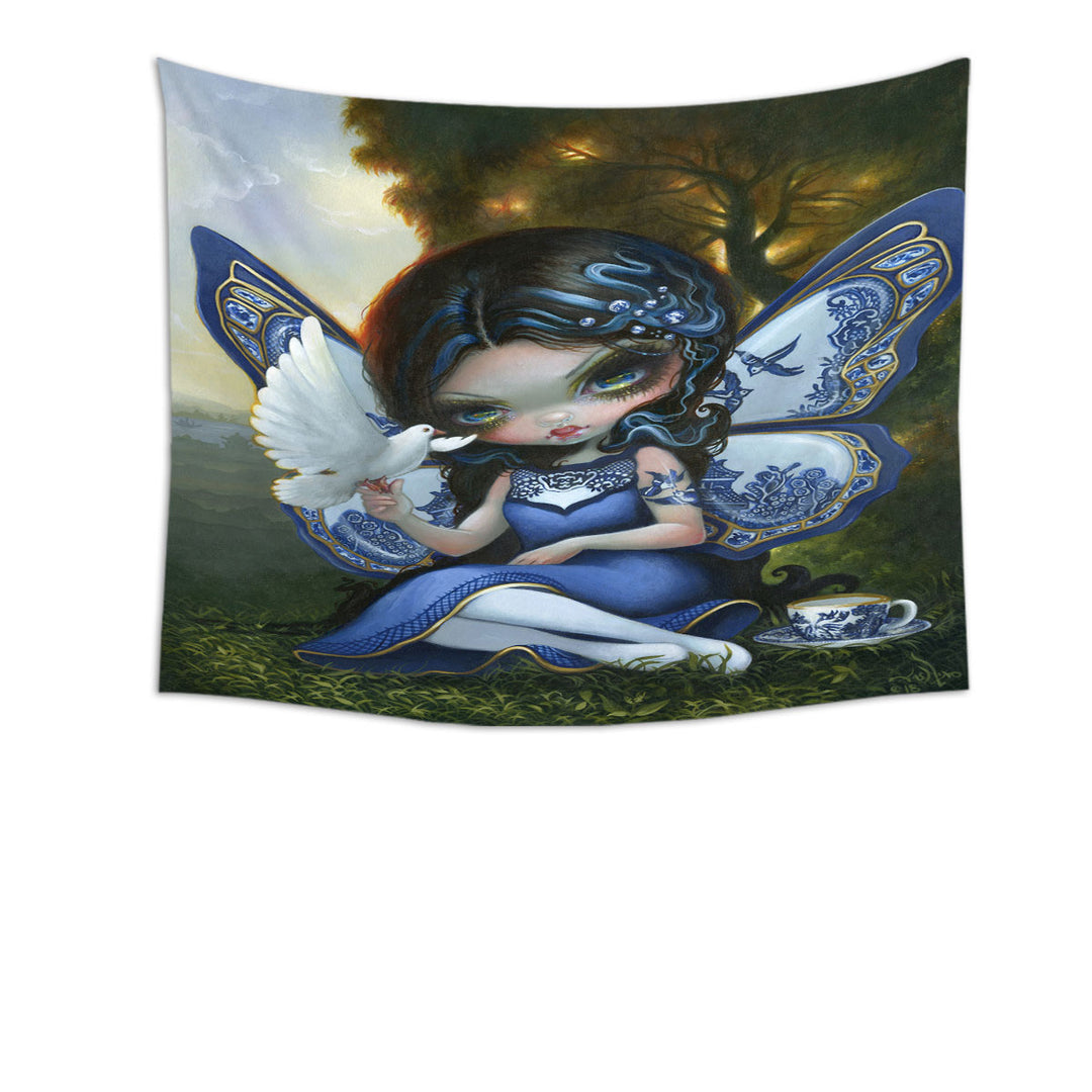 Blue Willow Fairy Porcelain Winged Fairy Tapestry Wall Decor