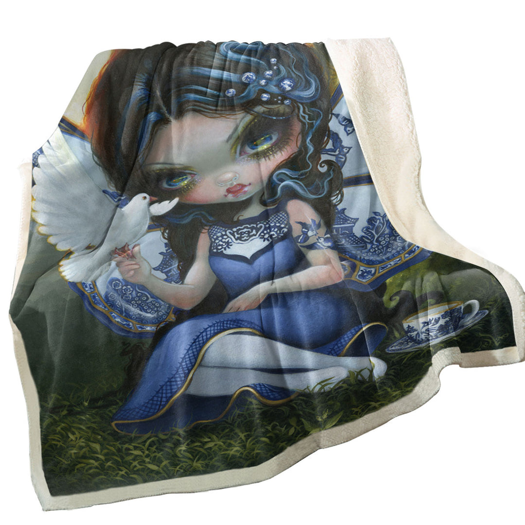 Blue Willow Fairy Porcelain Winged Fairy Throw Blanket