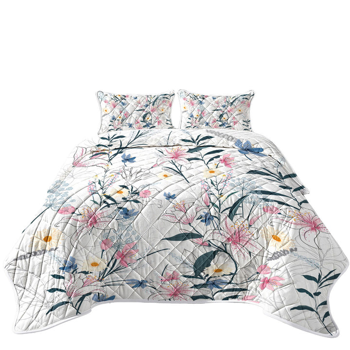 Bluish Pinkish Floral Drawing California King Quilt Sets