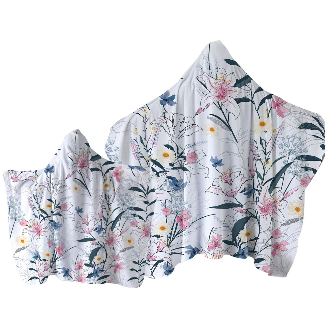 Bluish Pinkish Floral Drawing Hooded Beach Towel