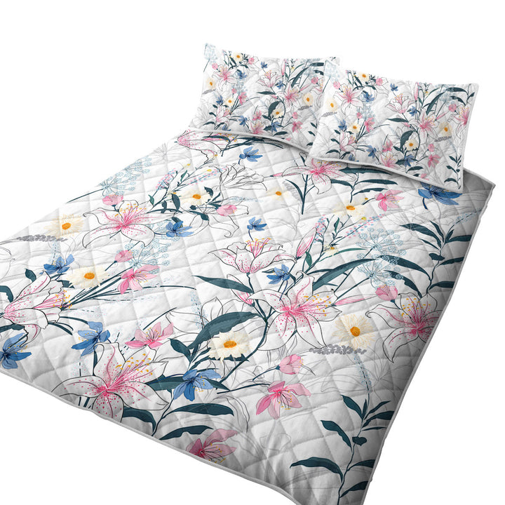 Bluish Pinkish Floral Drawing King Size Quilt Sets