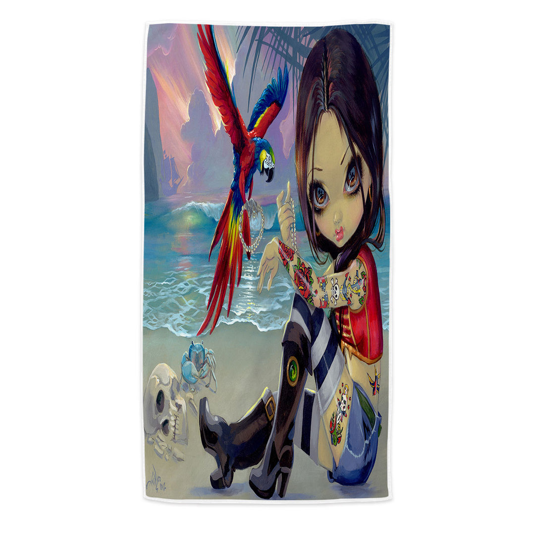 Bootstrap Betsy Macaws Parrot and Girl Pirate Beach Towel