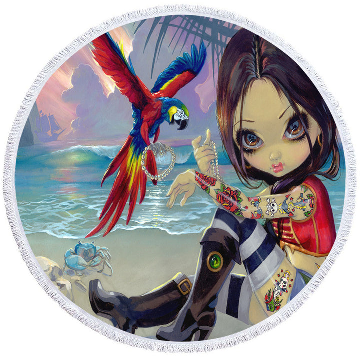 Bootstrap Betsy Macaws Parrot and Girl Pirate Circle Beach Towel