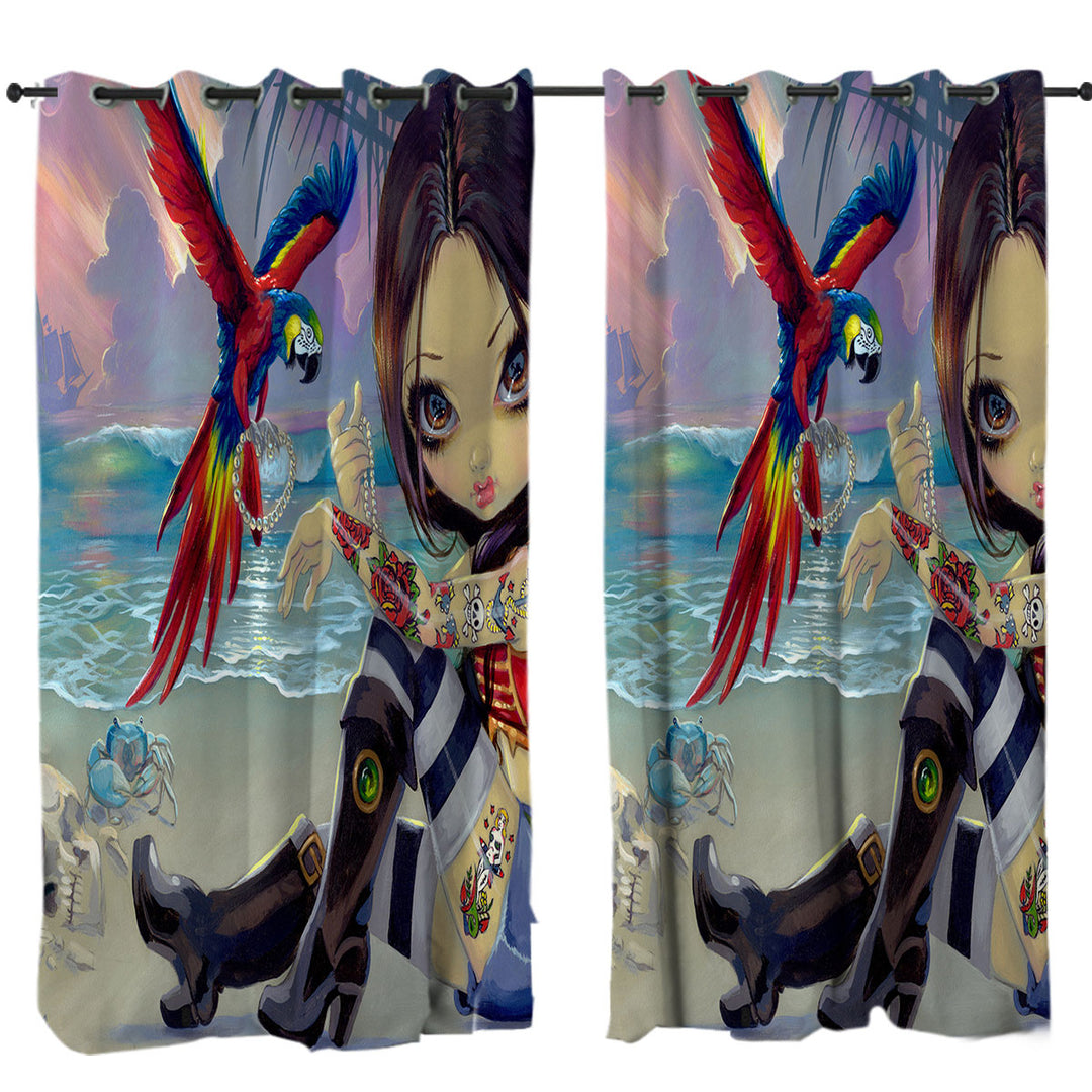 Bootstrap Betsy Macaws Parrot and Girl Pirate Curtains