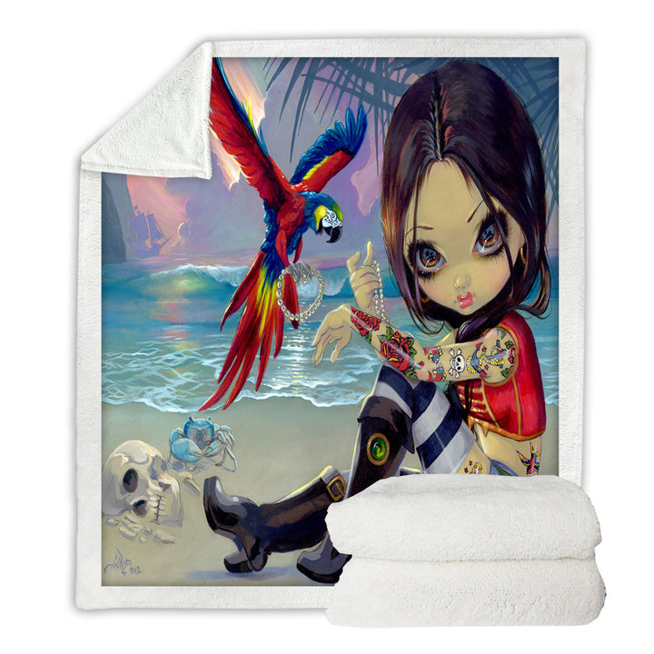 Bootstrap Betsy Macaws Parrot and Girl Pirate Sherpa Blanket