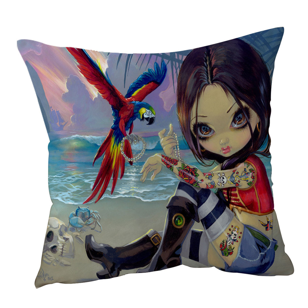 Bootstrap Betsy Macaws Parrot and Girl Pirate Throw Pillow