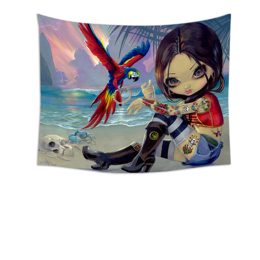 Bootstrap Betsy Macaws Parrot and Girl Pirate Wall Decor Tapestry