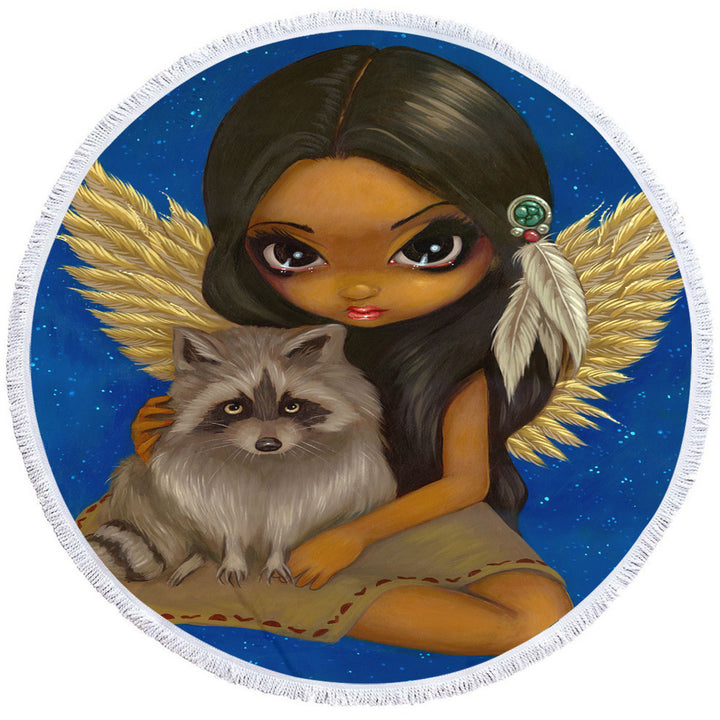 Brother Raccoon Native American Angel Round Beach Towel