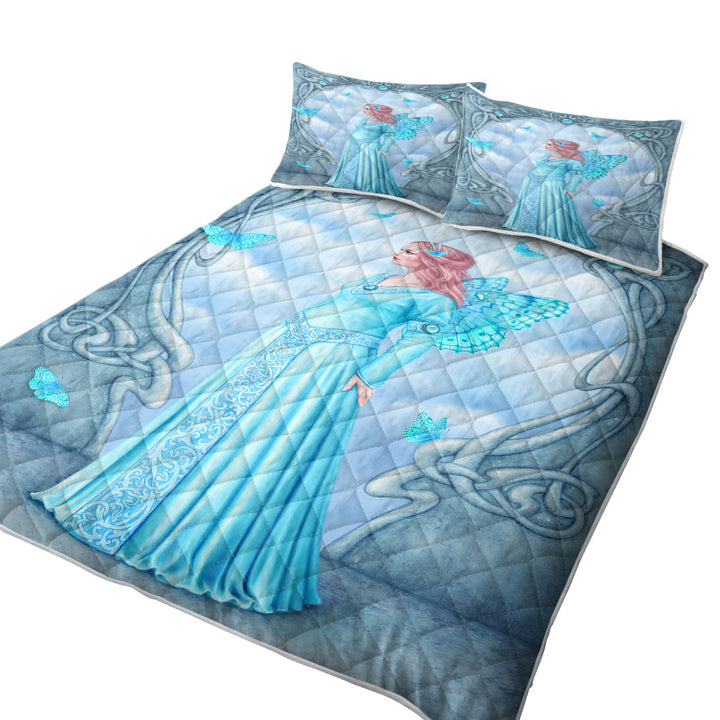 Butterflies and Blue Aquamarine Butterfly Girl King Size Quilt