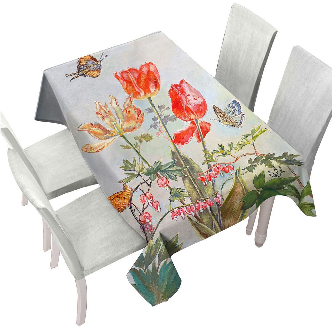 Butterflies and Flowers Art Bleeding Hearts and Tulips Tablecloth