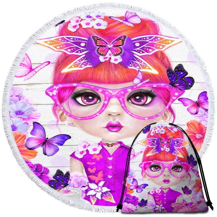 Butterfly Collector Brielle Pinkish Girl Round Beach Towel