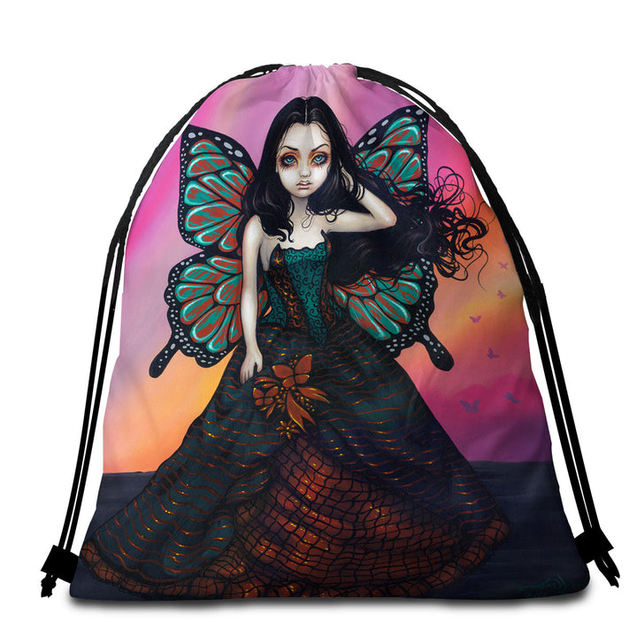 Butterfly Sunset Fairy in a Glorious Dress Beach Towel Bags