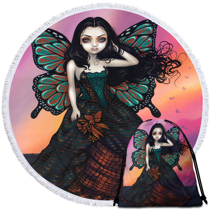 Butterfly Sunset Fairy in a Glorious Dress Circle Beach Towel