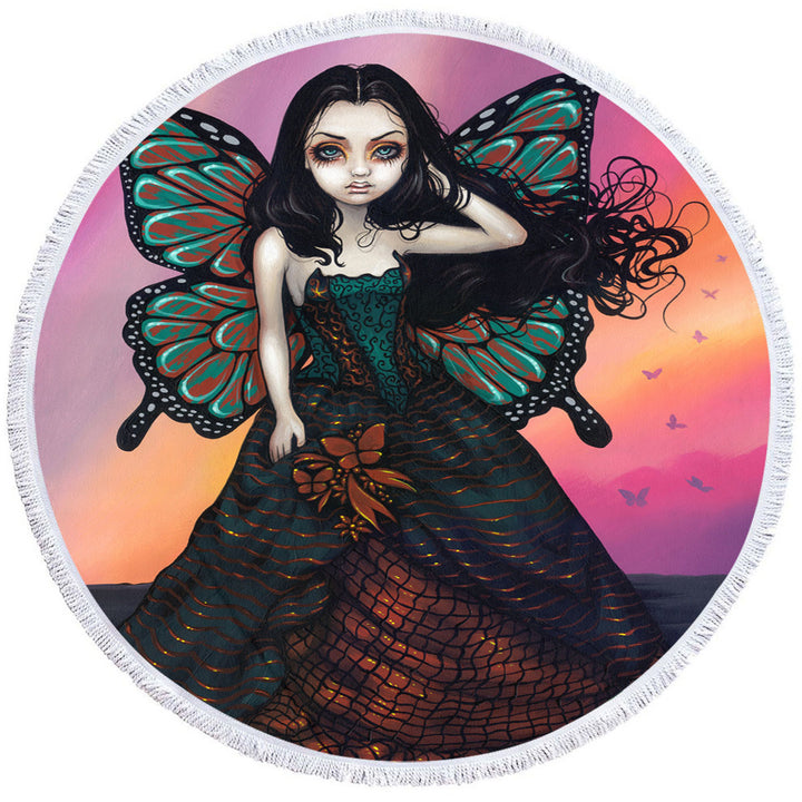 Butterfly Sunset Fairy in a Glorious Dress Round Beach Towel