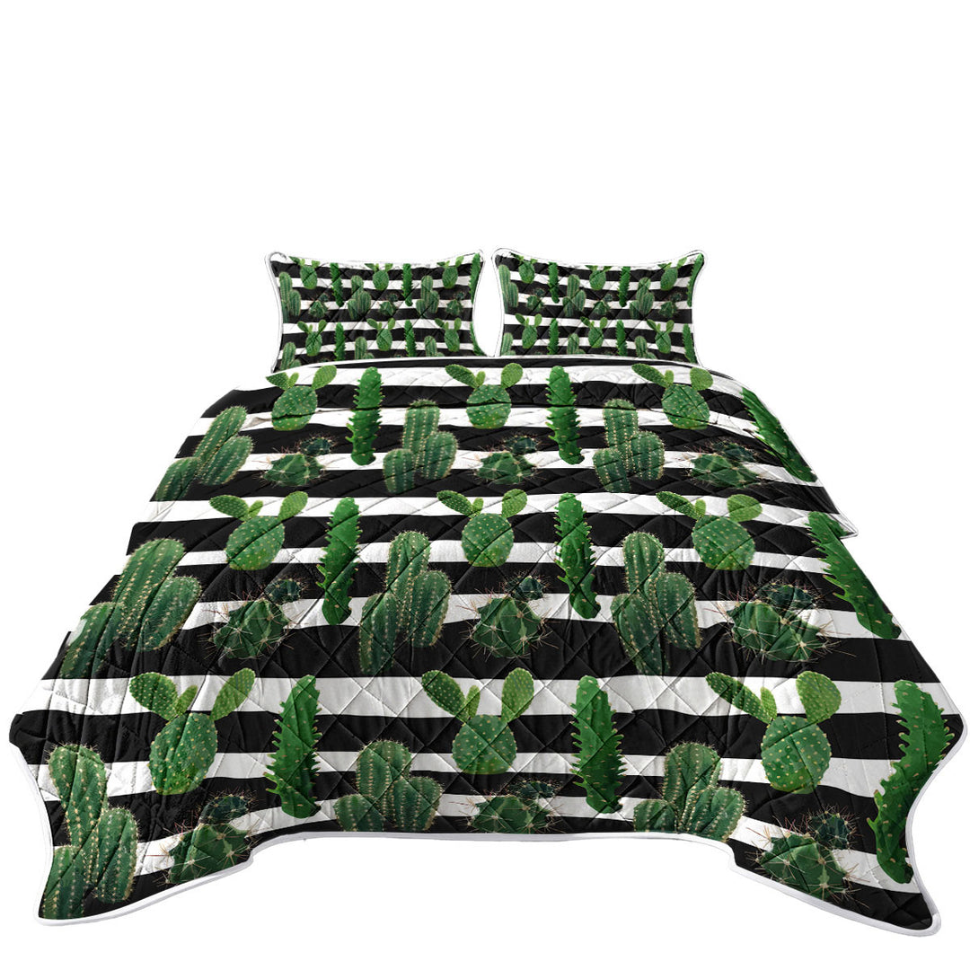 Cactus over Black and White Stripes Twin Quilt