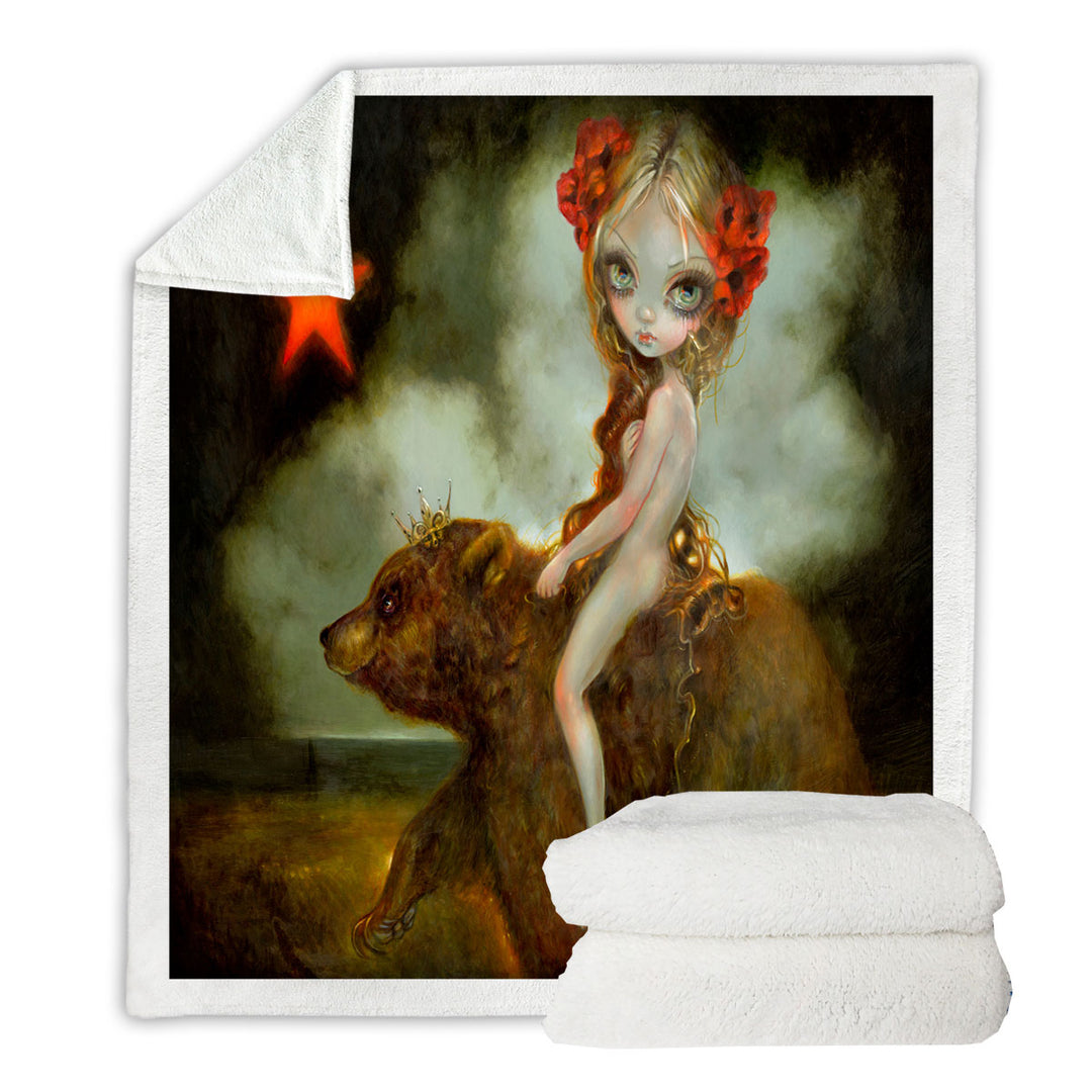 California Godiva Lady Riding a Bear Throw Blanket