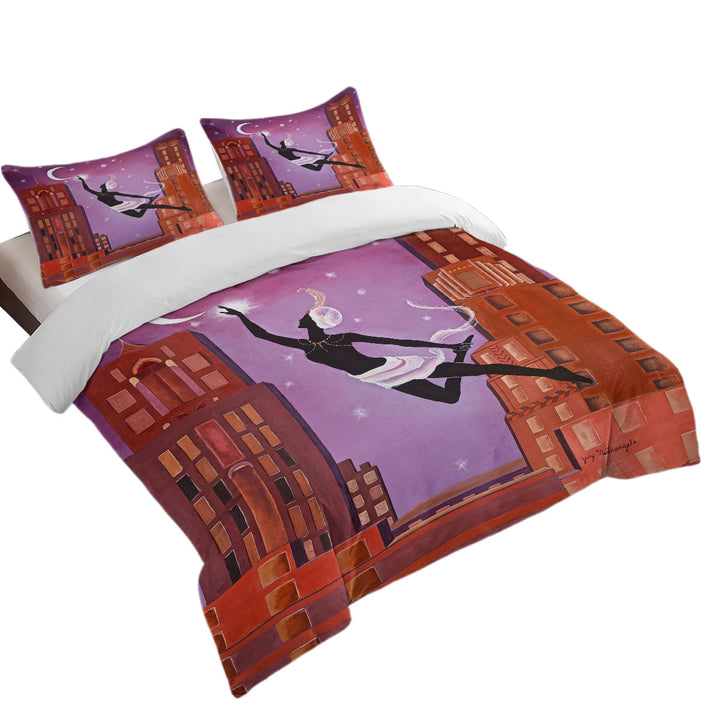 California King Duvet Cover with Art Deco Gliding Night City Dancing Painting