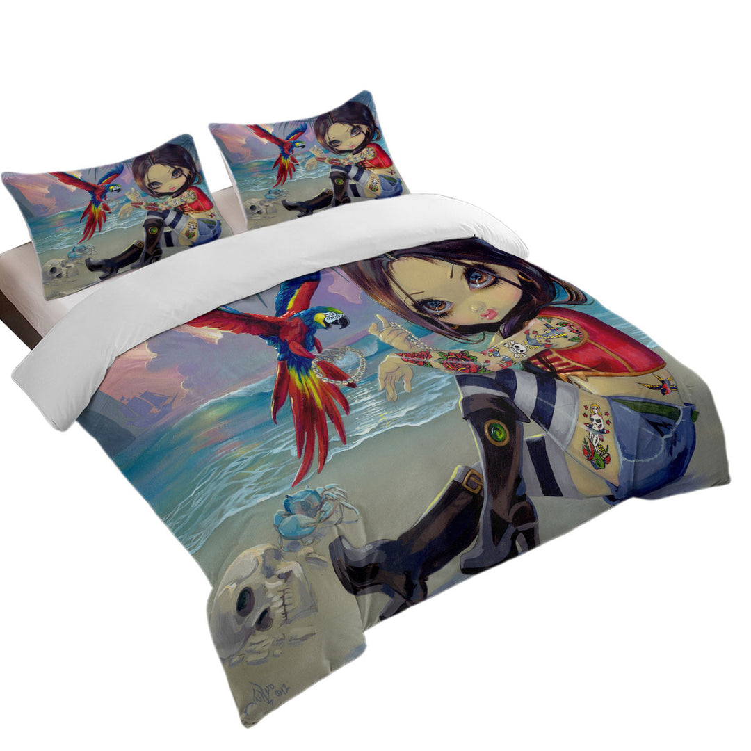 California King Duvet Cover with Bootstrap Betsy Macaws Parrot and Girl Pirate