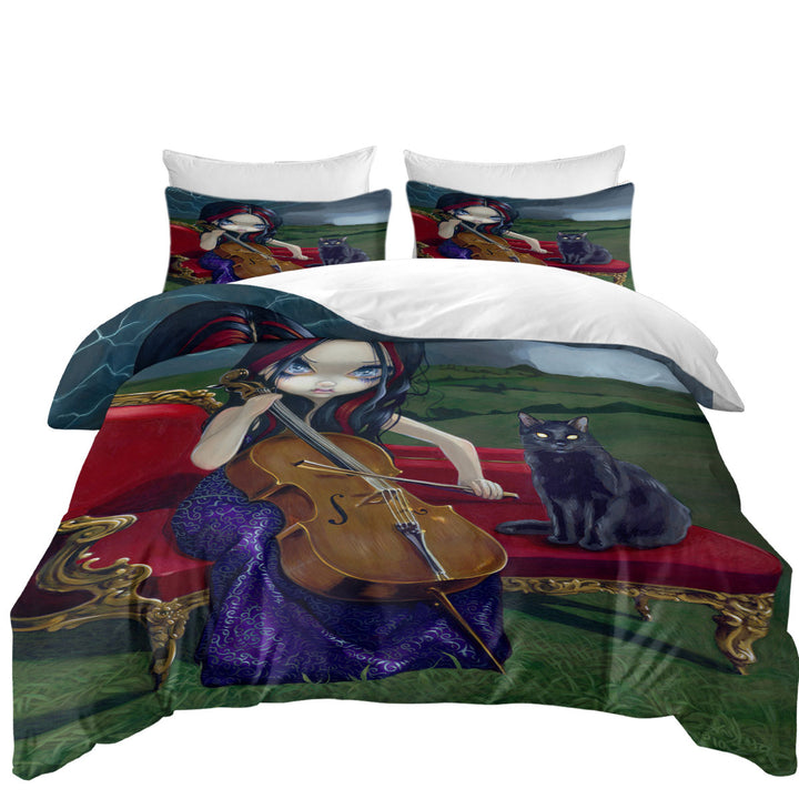 California King Duvet Cover with Cello Storm Gothic Beautiful Girl and Her Cat