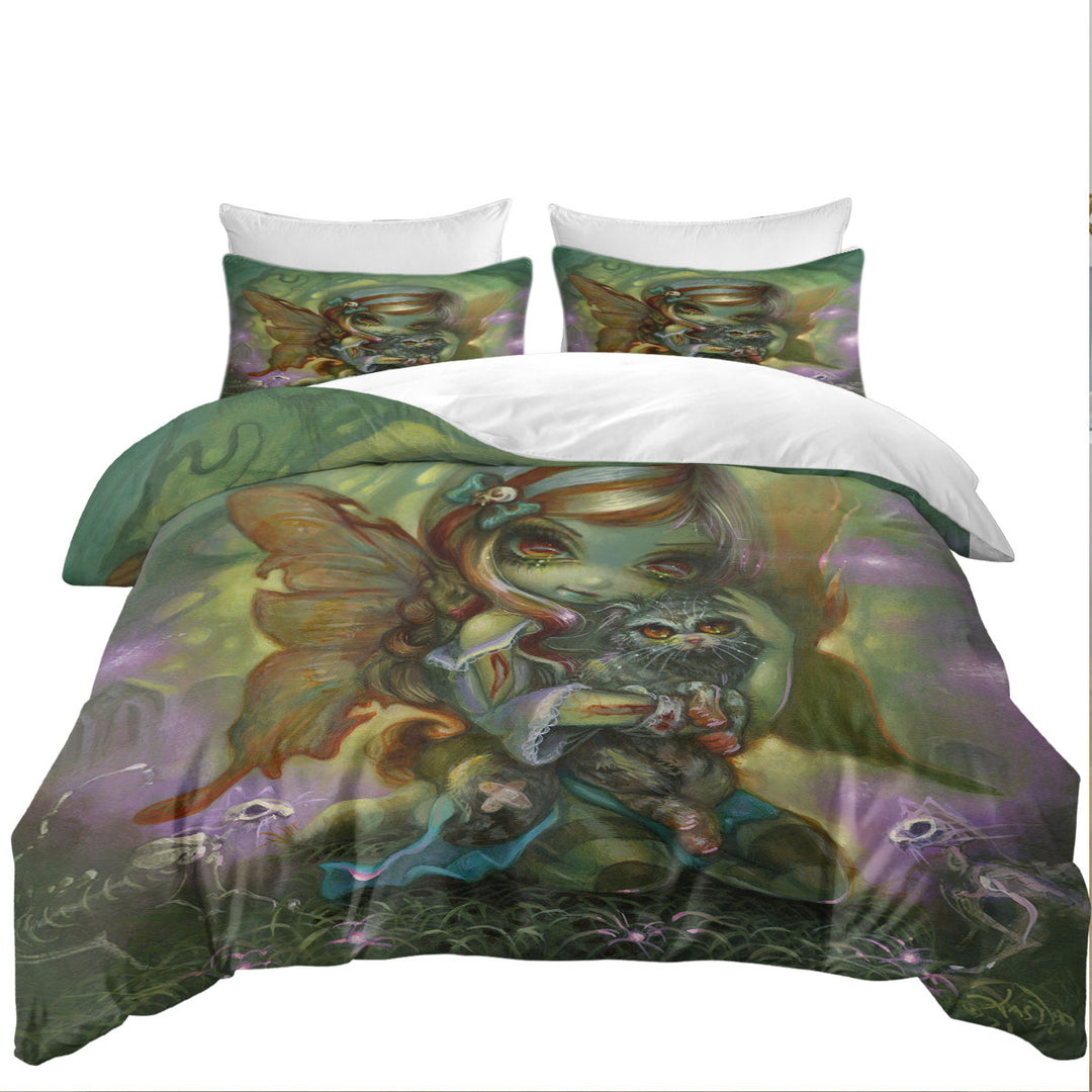 California King Duvet Cover with Cool Dark Art My Zombie Kitty Dead Fairy and Cat