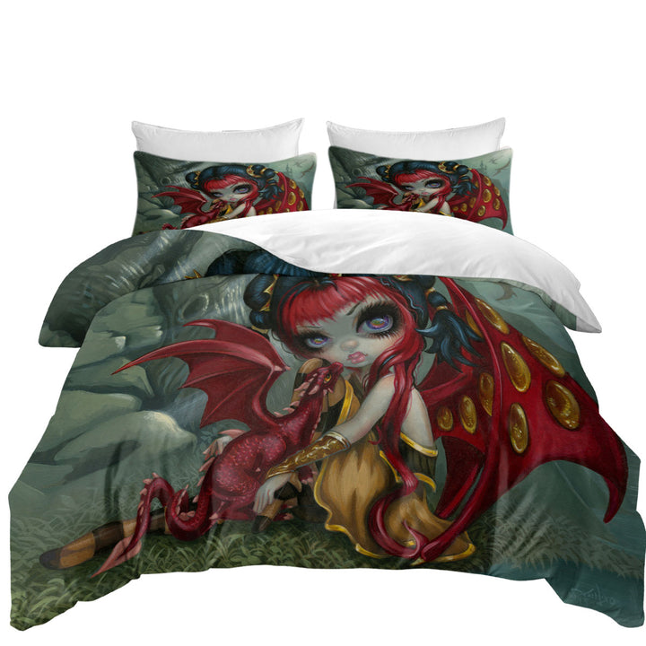 California King Duvet Cover with Cool Fantasy Dragon Fairy and Amber Dragonling