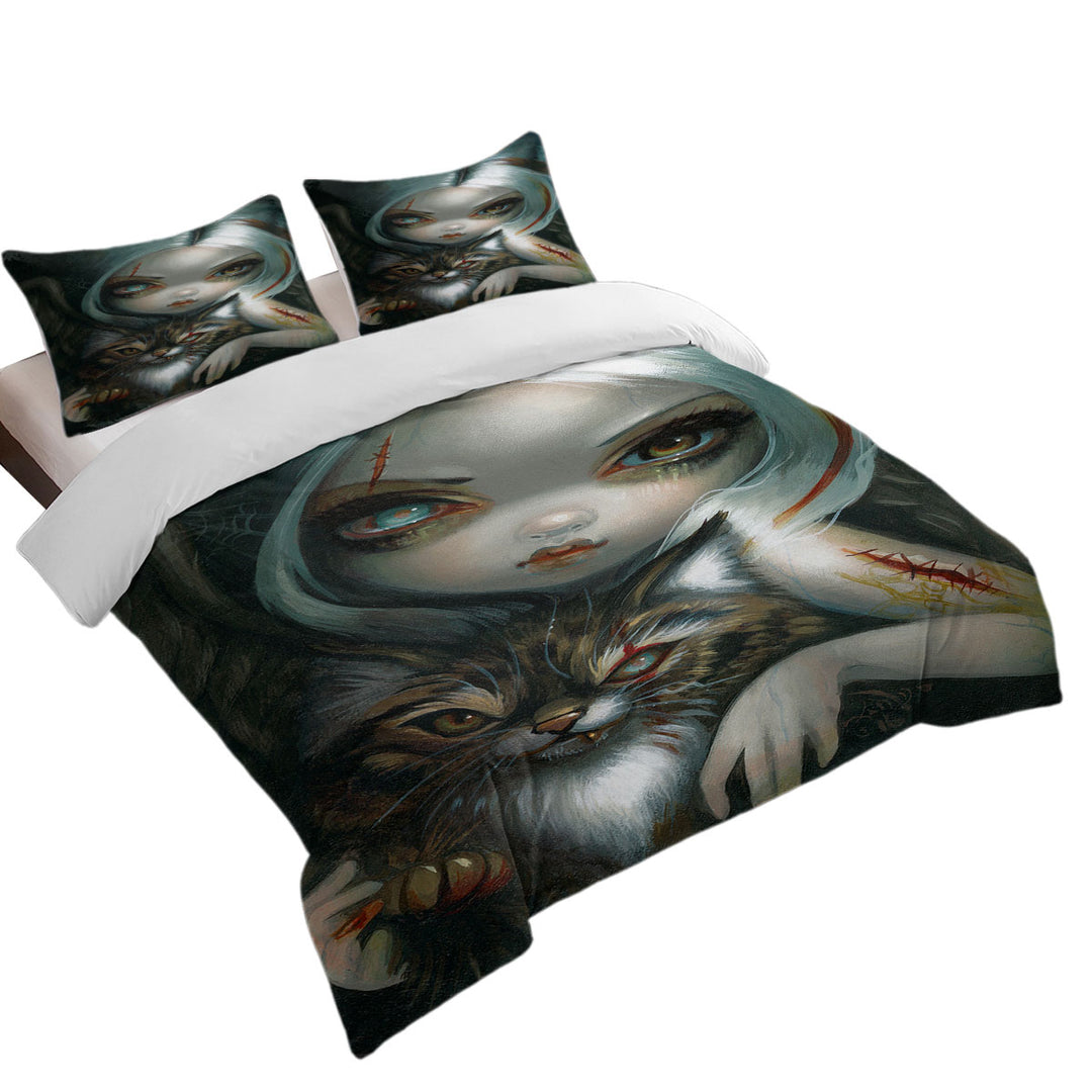 California King Duvet Cover with Cool Scary Art Zombie Kitty and Pretty Zombie Girl