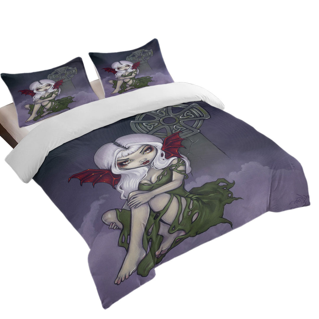 California King Duvet Cover with Dark Art Cemetery Mist Vampire Fairy and Celtic Cross