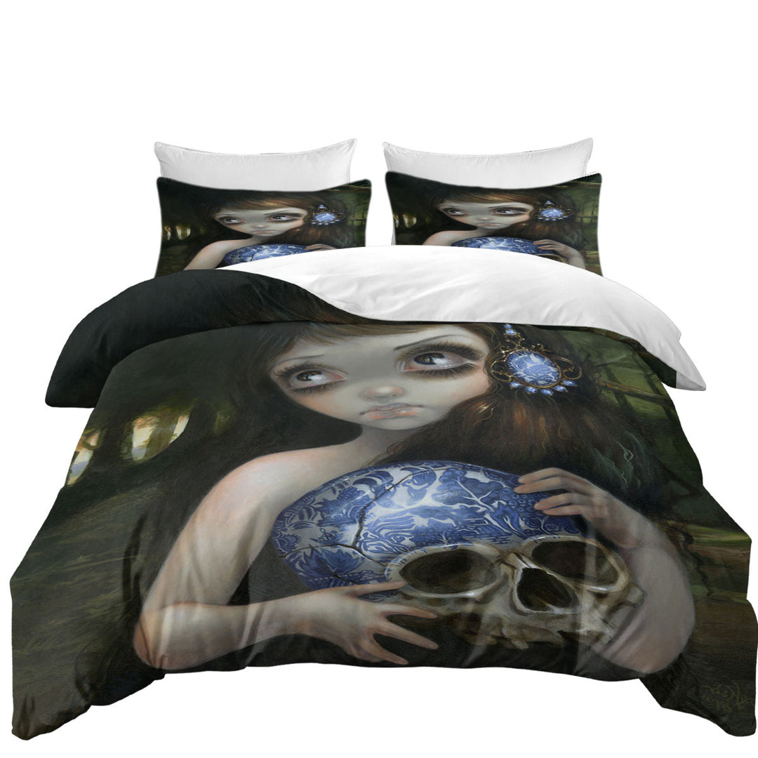 California King Duvet Cover with Dark Art Girl with Porcelain Blue Willow Skull