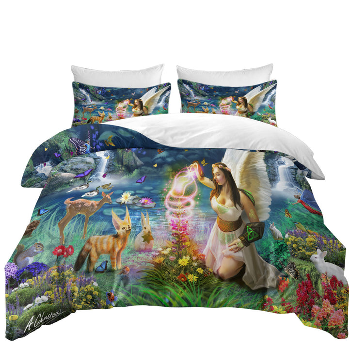 California King Duvet Cover with Fairy Tale Forest with a Beautiful Fairy Goddess