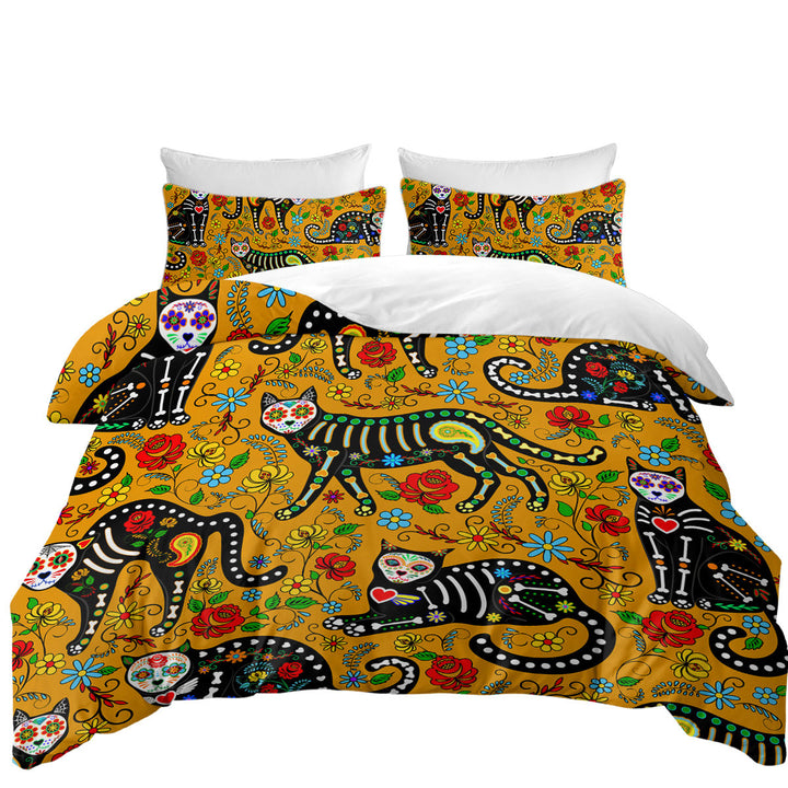 California King Duvet Cover with Floral Day of the Dead Cats