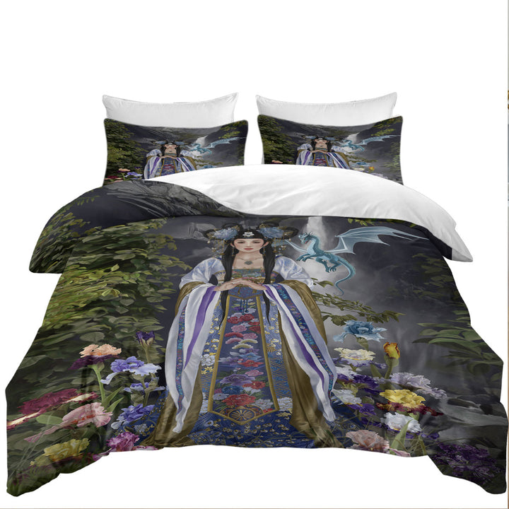 California King Duvet Cover with Japanese Flower Garden and Dragon Princess