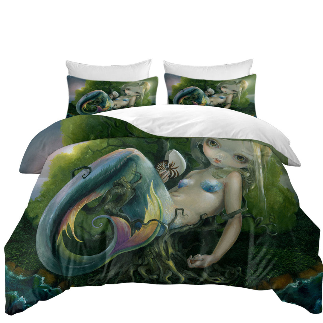 California King Duvet Cover with Melancholic Fantasy Stranded Island Mermaid