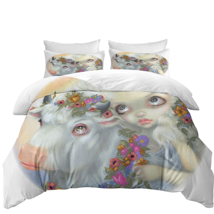 California King Duvet Cover with Mythology Art Zeus and Europa Floral Girl and Bull