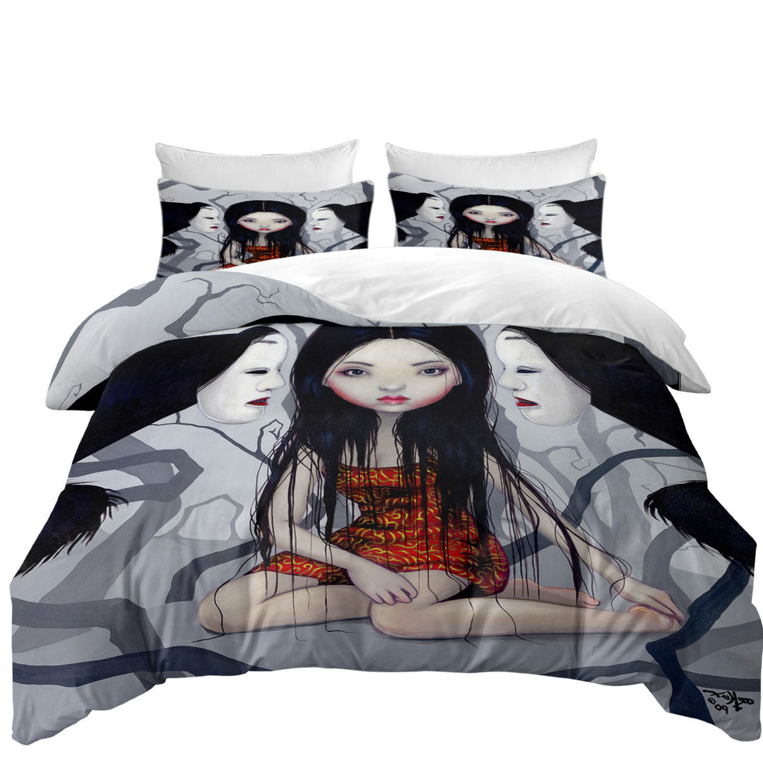 California King Duvet Cover with Scary Art Lovely Maiden and Faceless Ghosts