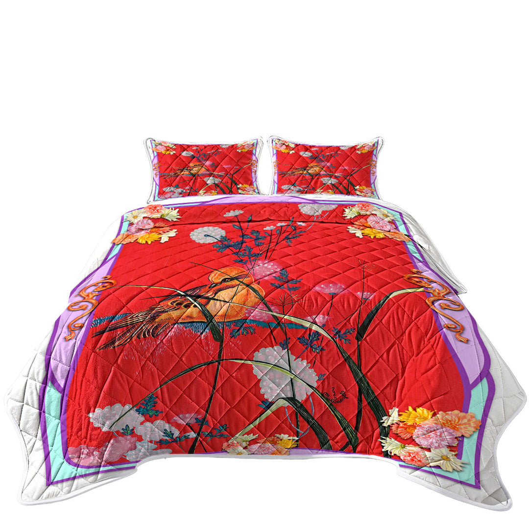 California King Quilt Sets with Asian Art Painting Bird on Red